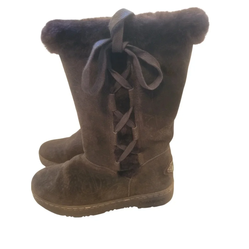 Bearpaw Boots Womens 8 Bristol Tooled Shearling Brown Suede Pull On Mid-Calf‎